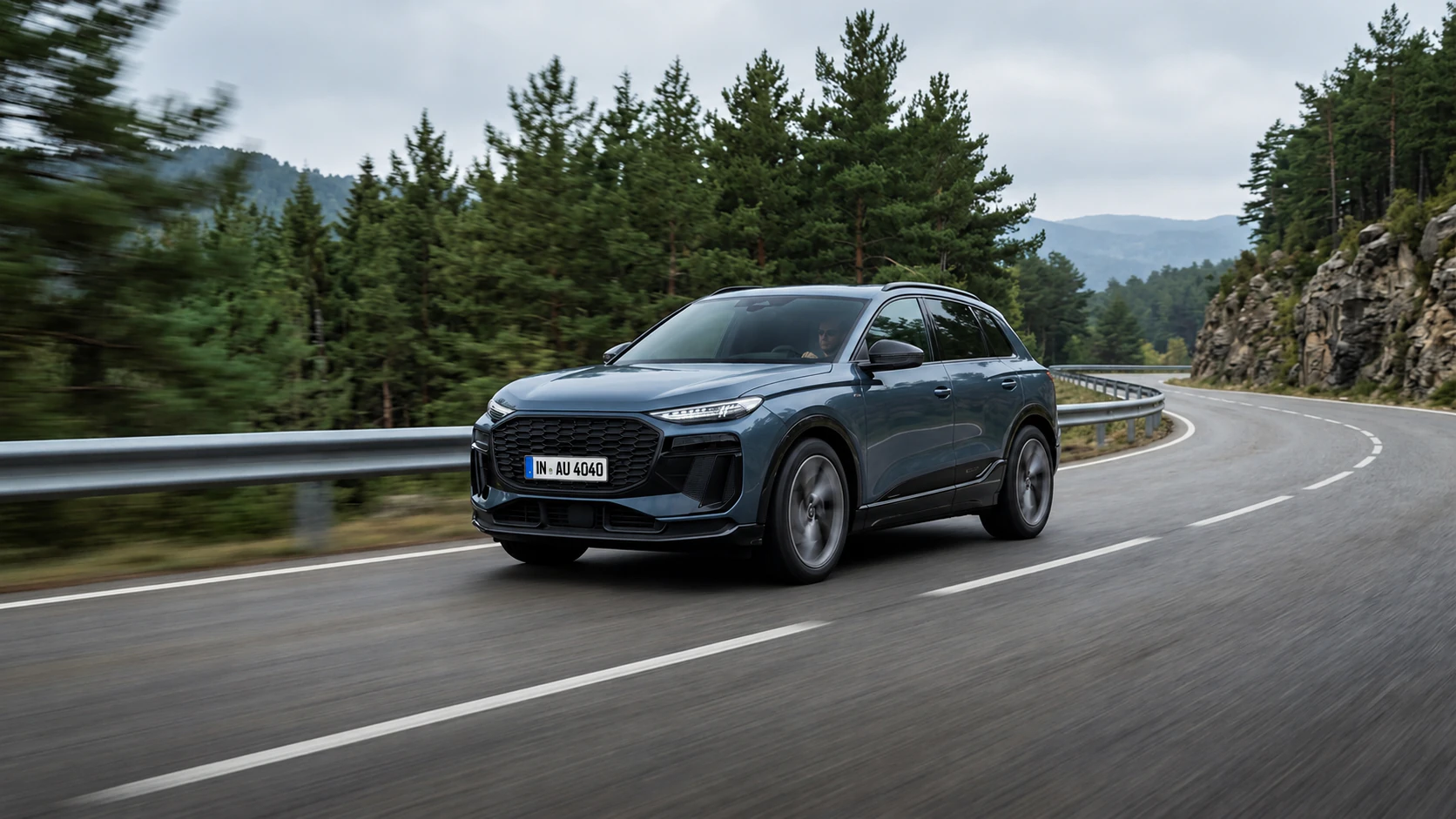 Blue SUV driving on a forest road, raw AI generation compared with the corrected version