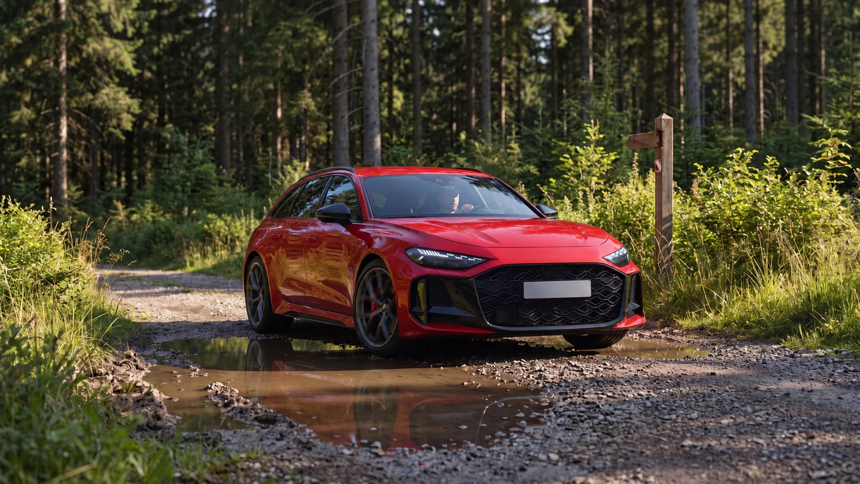 Red estate car on a forest track with puddles, lit by low sun